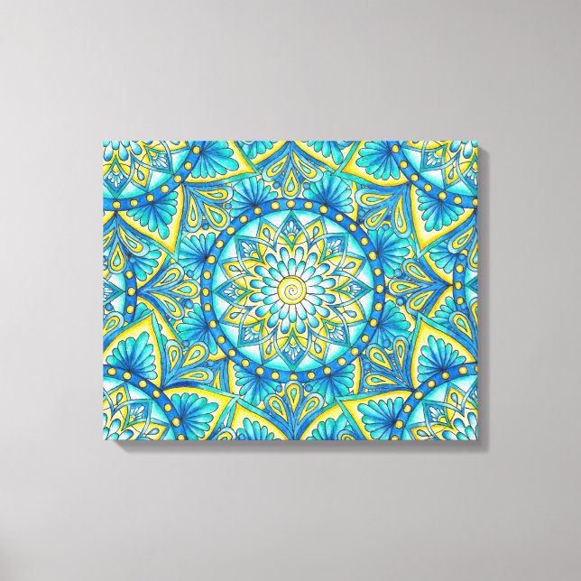 Impressão Em Tela Padrão de Mandala Amarelo azul Turquesa (Frente)
