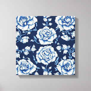 Impressão Em Tela Padrão de Rosa Branca e Arte Azul Real