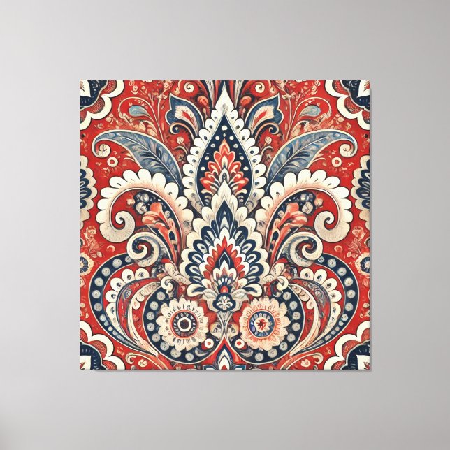 Impressão Em Tela Padrão Floral de Paisley Vermelho, Branco e Azul E (Frente)