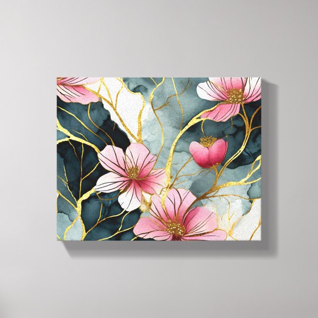 Impressão Em Tela Padrão Floral Japonês, Rosa Com Dourado (Frente)