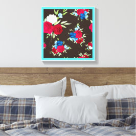 Impressão Em Tela Padrão Floral Vermelho Azul Elegante em Marrom Esc
