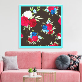 Impressão Em Tela Padrão Floral Vermelho Azul Elegante em Marrom Esc