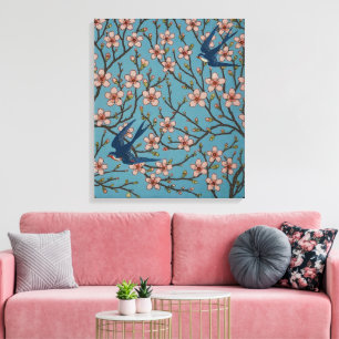 Impressão Em Tela Padrão Retrô de Andorinha Floral Azul por Walter C