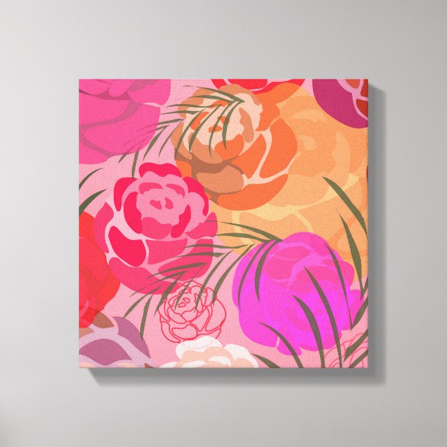 Impressão Em Tela Padrão rosa com flores e plantas (Frente)