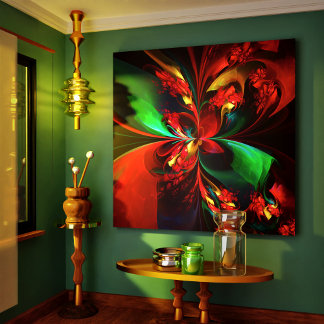 Impressão Em Tela Padrão Verde Vermelho Abstrato Floral Moderno #11