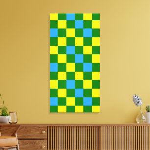 Impressão Em Tela Padrão Xadrez Azul Amarelo Verde Design 