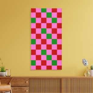 Impressão Em Tela Padrão Xadrez Vermelho Rosa Verde Design