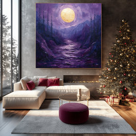 Impressão Em Tela Paisagem Abstrata ao Luar em Roxo e Dourado