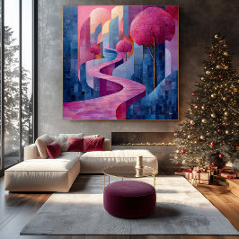 Impressão Em Tela Paisagem Abstrata Bicromática Rosa e Azul
