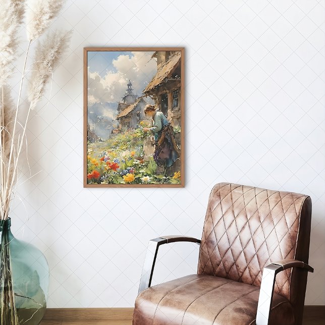 Impressão Em Tela Paisagem com Menina e Flores | Aquarela (Criador carregado)