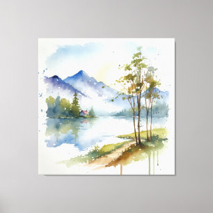 Impressão Em Tela Paisagem de Lago de Montanha em Aquarela com Árvor