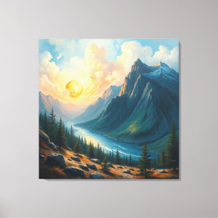 Impressão Em Tela Paisagem de montanha majestosa com Sunset e Rio