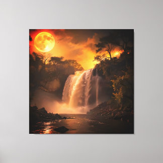 Impressão Em Tela Paisagem Fantasia da Cachoeira sob Luar Dourado