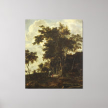 Paisagem florestal com galpão de madeira,