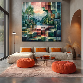 Impressão Em Tela Paisagem Geométrica Abstrata com Rio e Árvore