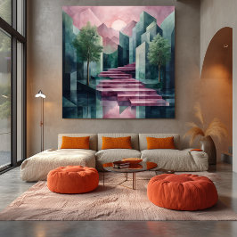 Impressão Em Tela Paisagem Geométrica Abstrata Moderna Rosa e Verde