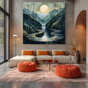Impressão Em Tela Paisagem geométrica das montanhas com cascata e lu