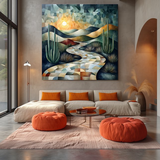 Impressão Em Tela Paisagem Geométrica do Deserto com Cactus e Sunlit (Criador carregado)