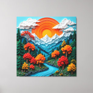 Impressão Em Tela Paisagem Montanhosa Colorida com Rio, Árvores