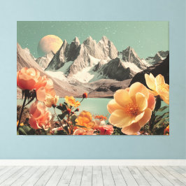 Impressão Em Tela Paisagem Montanhosa Surrealista com Flores em Flor
