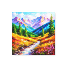 Paisagem montanhosa vibrante com riacho e flores s