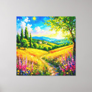 Impressão Em Tela Paisagem Rural Com Flores