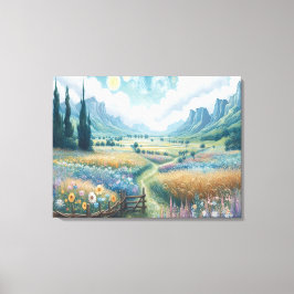 Impressão Em Tela Paisagem Serene: Flores e Montanhas em Sangue