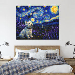 Impressão Em Tela Paisagem Sonhada de Westie sob Noite Estrelada
