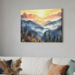Impressão Em Tela Paisagem Sunset Moderna das Montanhas de Cores d'Á<br><div class="desc">Traga a beleza da natureza para a sua casa com esta impressionante arte estilizada na parede da canvas, apresentando um pôr do sol brilhante da montanha pintado em tons de aquarela suaves. Camadas de serras azuis negras desvanecem-se à distância enquanto o céu feroz irradia tons ricos de laranja, ouro e...</div>