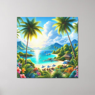 Impressão Em Tela Paisagem Tropical Brilhante Com Palmeiras