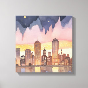 Impressão Em Tela Paisagem Urbana ao Pôr do Sol   Pintura em Aquarel