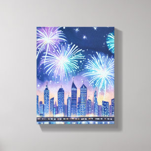 Impressão Em Tela Paisagem Urbana de Fogos de Artifício   Aquarela D