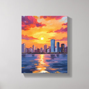 Impressão Em Tela Paisagem Urbana do Entardecer em Aquarela