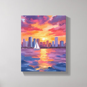 Impressão Em Tela Paisagem Urbana do Pôr do Sol em Aquarela Colorida