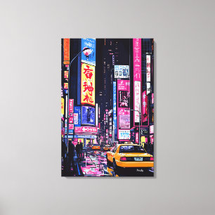 Impressão Em Tela Paisagem Urbana Pop Art Neon com Táxi Amarelo