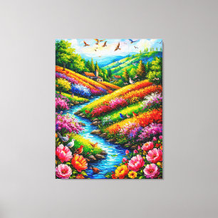 Impressão Em Tela Paisagem Vibrante com Flores em Flor