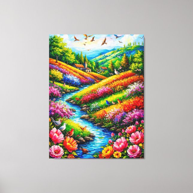 Impressão Em Tela Paisagem Vibrante com Flores em Flor (Frente)