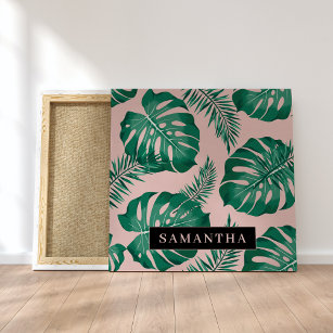 Impressão Em Tela Palma rosa tropical e verde deixa padrão e nome