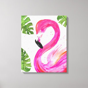 Impressão Em Tela Palma Rosa Tropical Flamingo Deixa Pássaro Verde