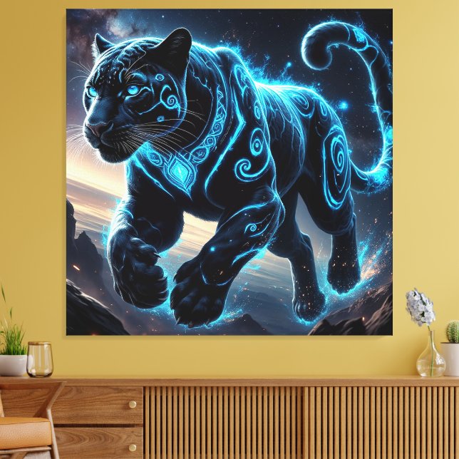 Impressão Em Tela Pantera Negra Mística com Padrões Luminosos (Insitu(Sala de estar))