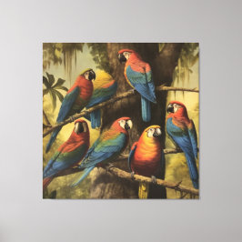 Impressão Em Tela Papagaios coloridos de cena botânica em árvore