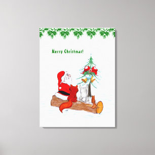 Impressão Em Tela Papai Noel com Raposa e Esquilo