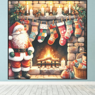 Impressão Em Tela Papai Noel junto à Lareira Meias de Natal