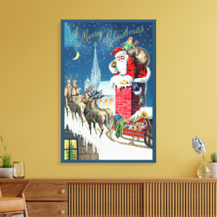 Impressão Em Tela Papai Noel Vitoriano de Natal Antigo no Chaminé