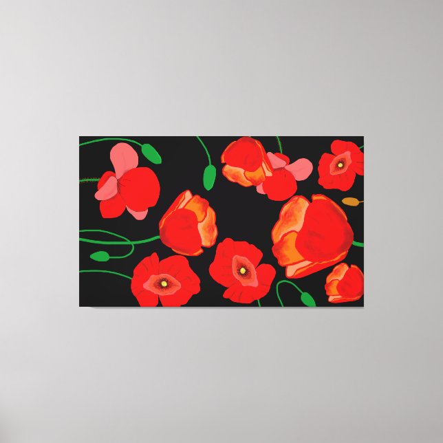 Impressão Em Tela Papoilas vermelhas na ilustração de fundo preto (Frente)