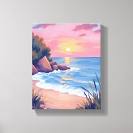 Impressão Em Tela Paradise Cove | Pink Watercolor Ocean Waves Sunset