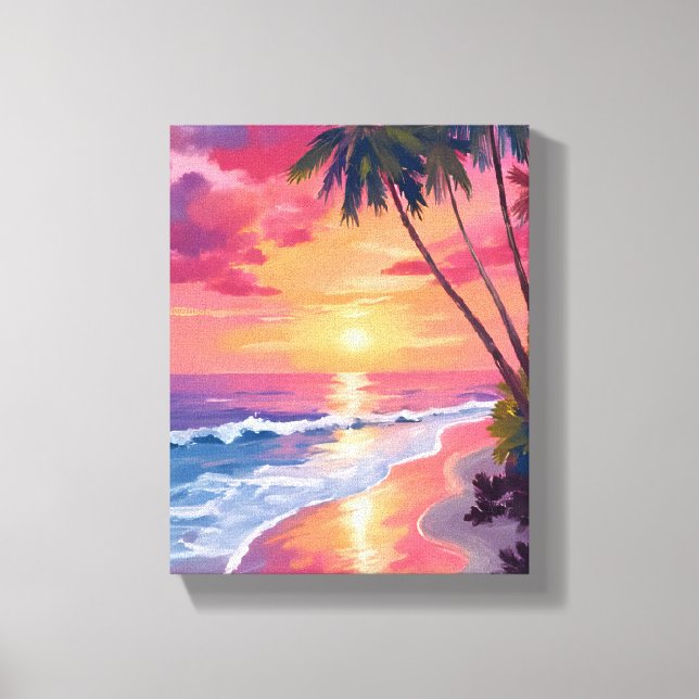 Impressão Em Tela Paradise Sunset | Pink Tropical Watercolor Beach (Frente)