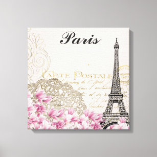 Impressão Em Tela Paris França Torre Eiffel Flores Rosa Vintage