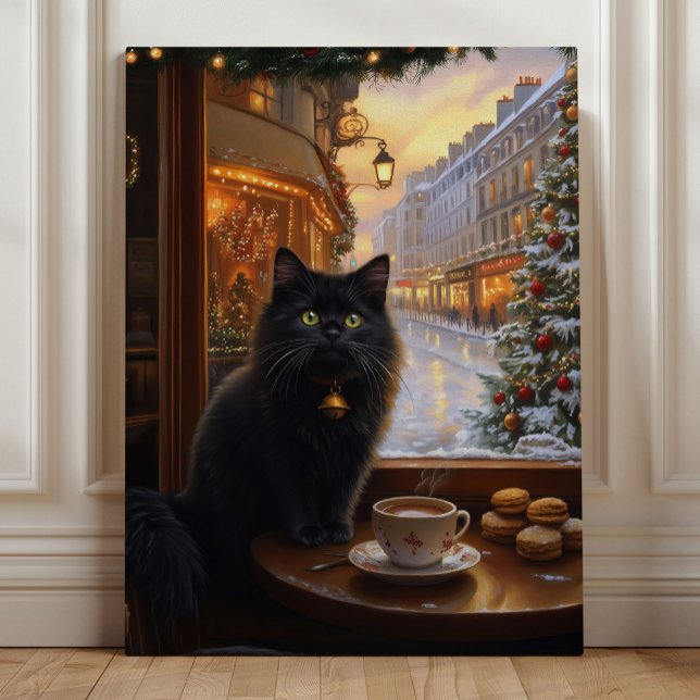 Impressão Em Tela Parisian Christmas Cat – Whimsical Black Cat Café  (Parisian Christmas Cat – Whimsical Black Cat Café Art by Nicole Cossairt)