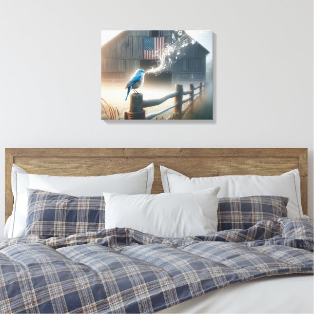 Impressão Em Tela Pássaro Azul Cantando uma Canção  (Insitu(Quarto))
